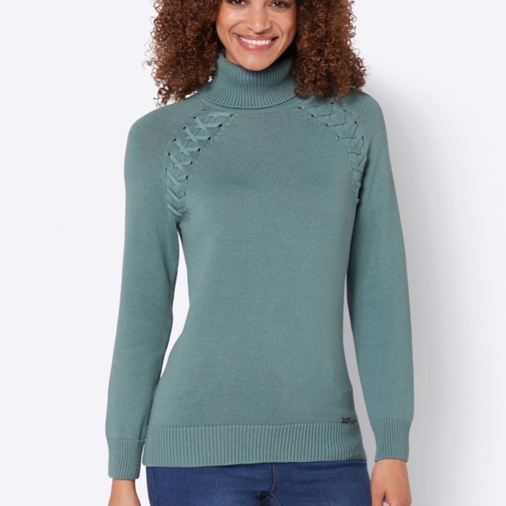 Collection L Women’s Crossed Stitch Sweater turtle neck in Jade size 14 New